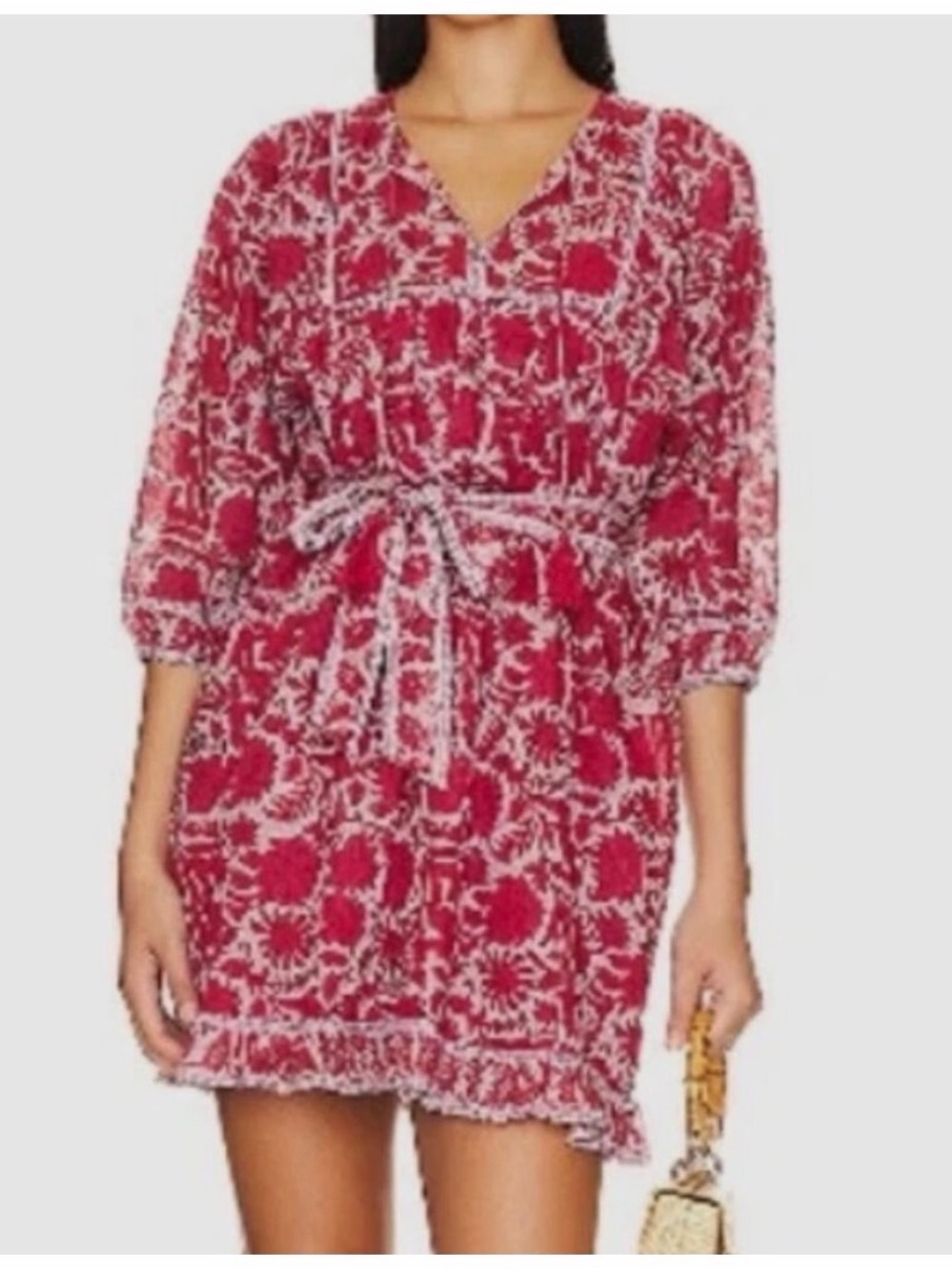 Cleobella Red and White Floral Tie-Waist Boho Dress